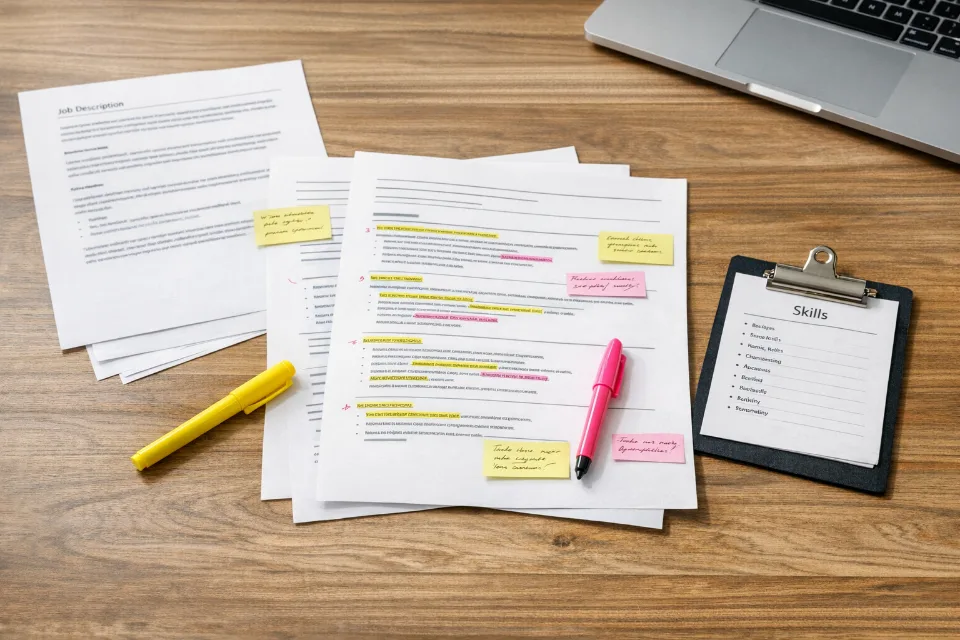 Editorial workbench with ATS revision materials, marked resume pages, and role-target notes arranged for review.