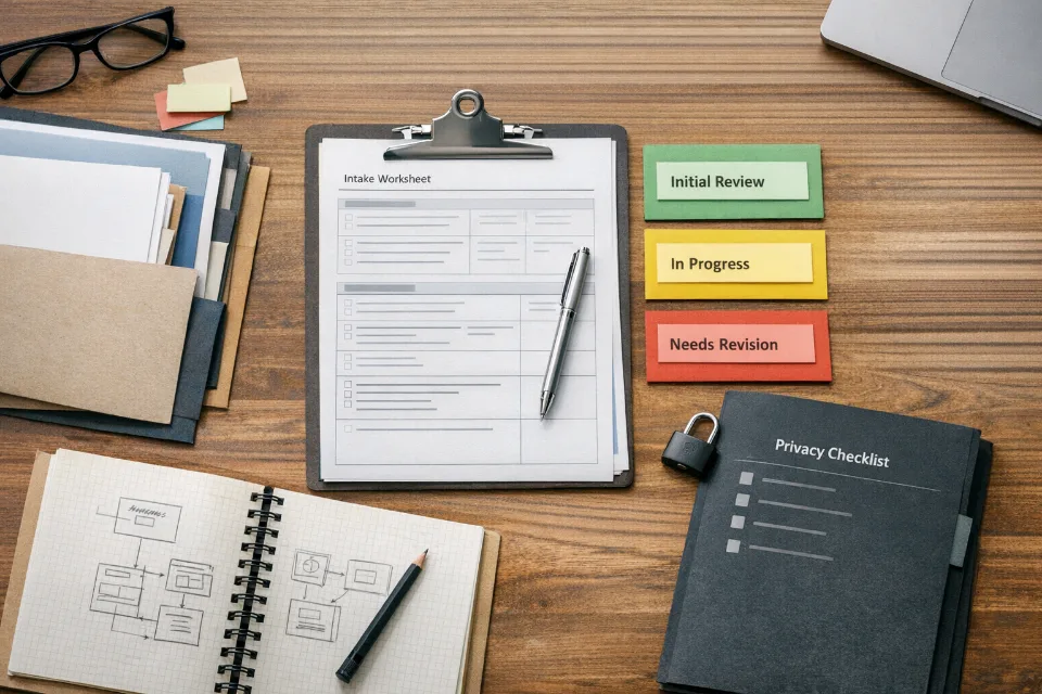 Editorial launch workspace with intake, status, and privacy review materials arranged on a strategy desk.