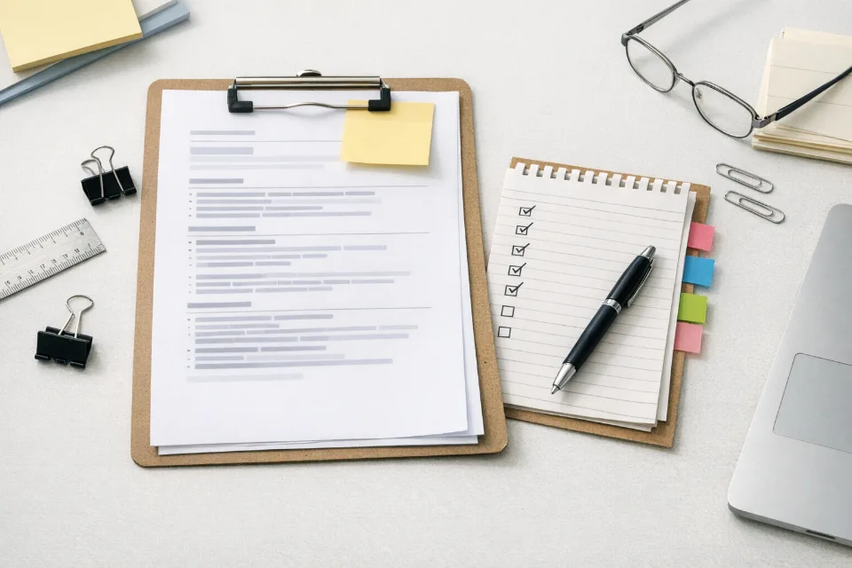 Organized editorial desk with resume audit materials, checklist cues, and clipped review notes.