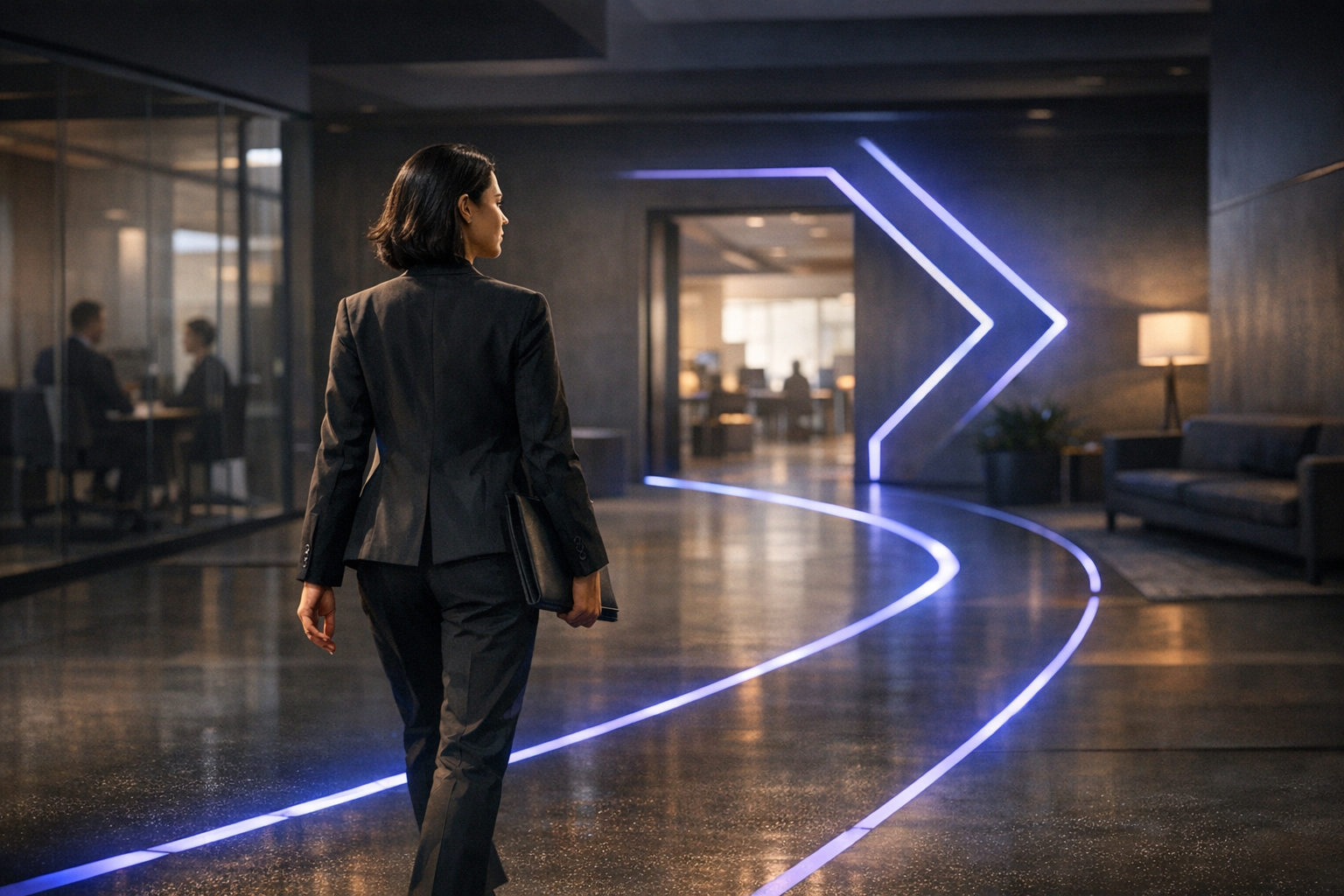 A professional moving forward through a guided modern support environment.