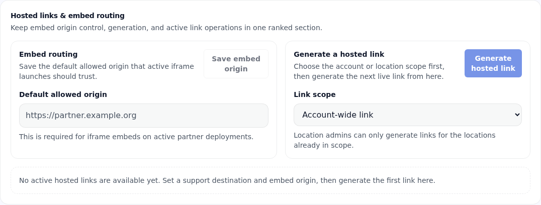 Partner hosted-link and embed routing controls showing link scope, embed origin, and hosted link generation.